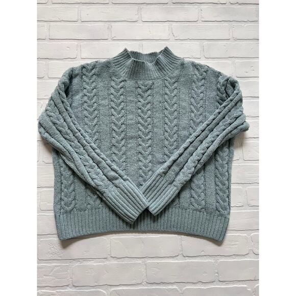 Hippie Rose Soft Cozy Blue Green Long Sleeve Mockneck Cableknit Sweater - sz M - Picture 3 of 6